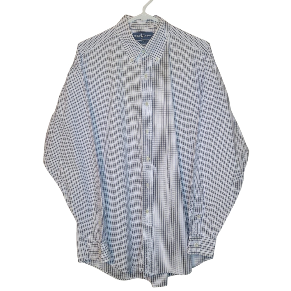 Ralph Lauren Blake Mens L Blue Plaid Cotton Button Down Shirt Preppy Classic